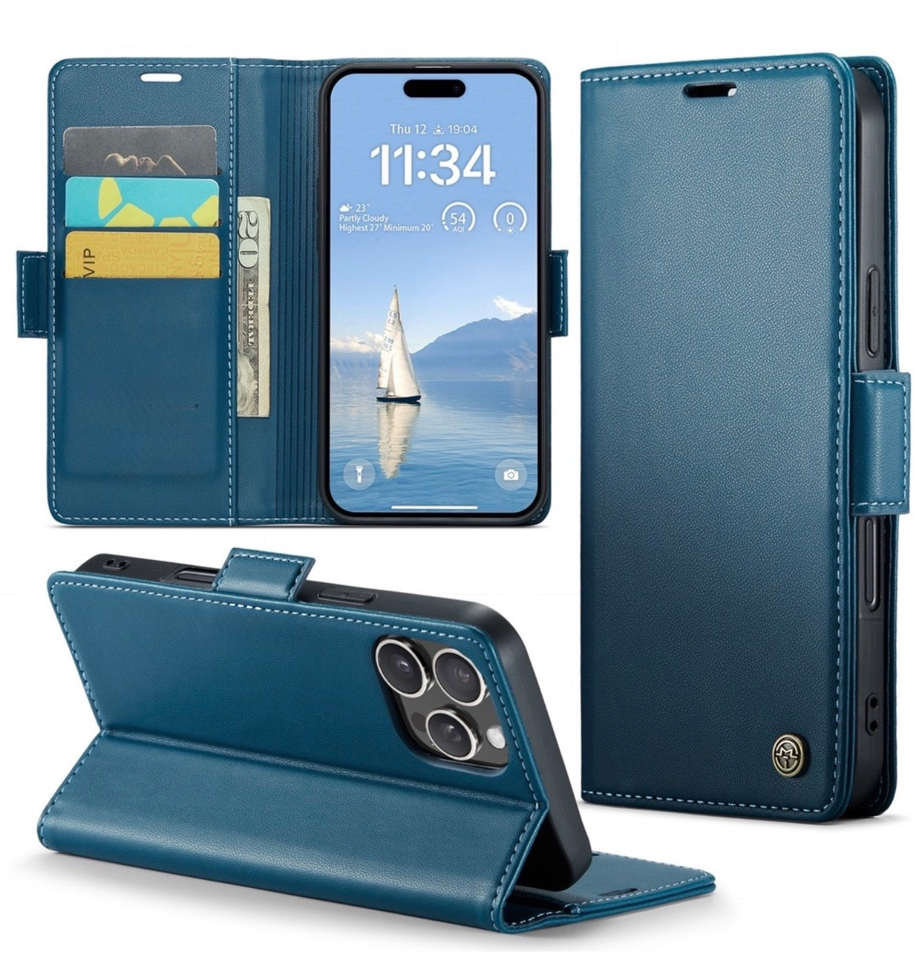 Husa iPhone 15 Pro ,piele Ecologica, tip portofel cu buzunare, inchidere magnetica.Diverse Culori