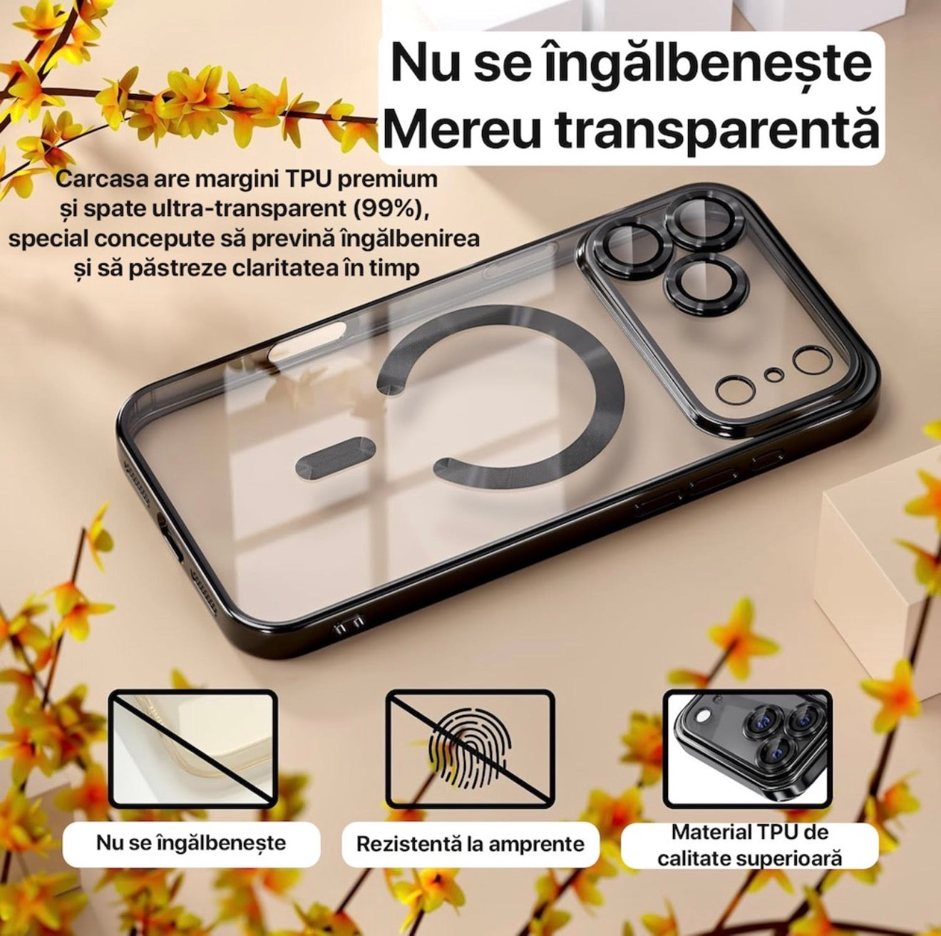 Husa iPhone 17 Pro MagSafe, Protectie Camera, Transparenta cu Margini metalizate Portocaliu + alte culori