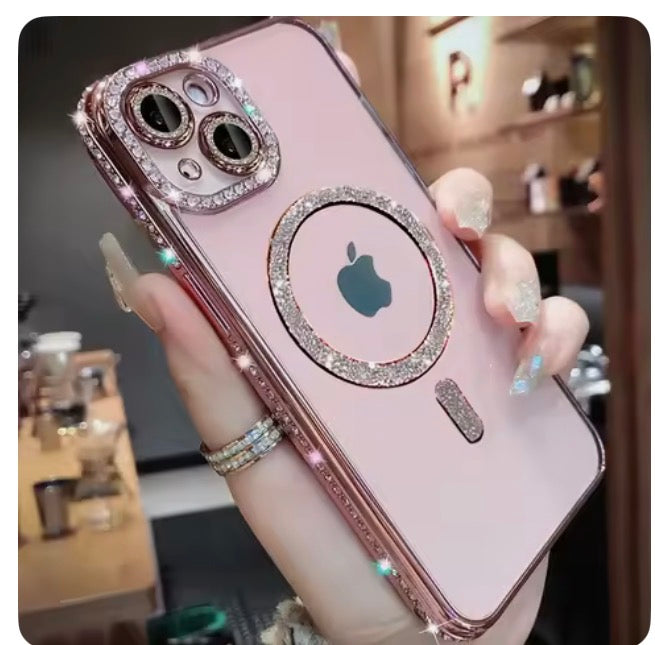 Husa iPhone 14  ,MagSafe,Sclipici,strasuri si Pietre,Roz+alte culori