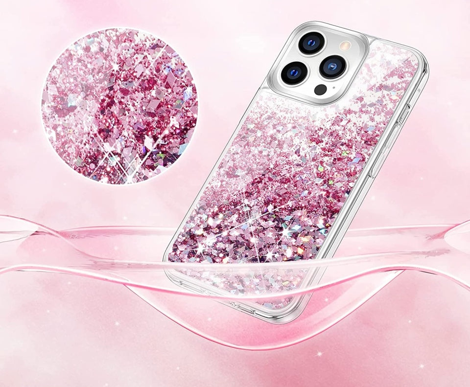 Husa iPhone 13 Pro , cu Lichid si Sclipici,Roz