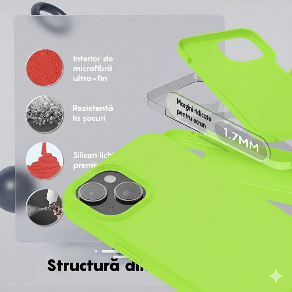 Husa iPhone 14 Plus, Silicon, Microfibra in Interior,Verde Neon + diverse culori