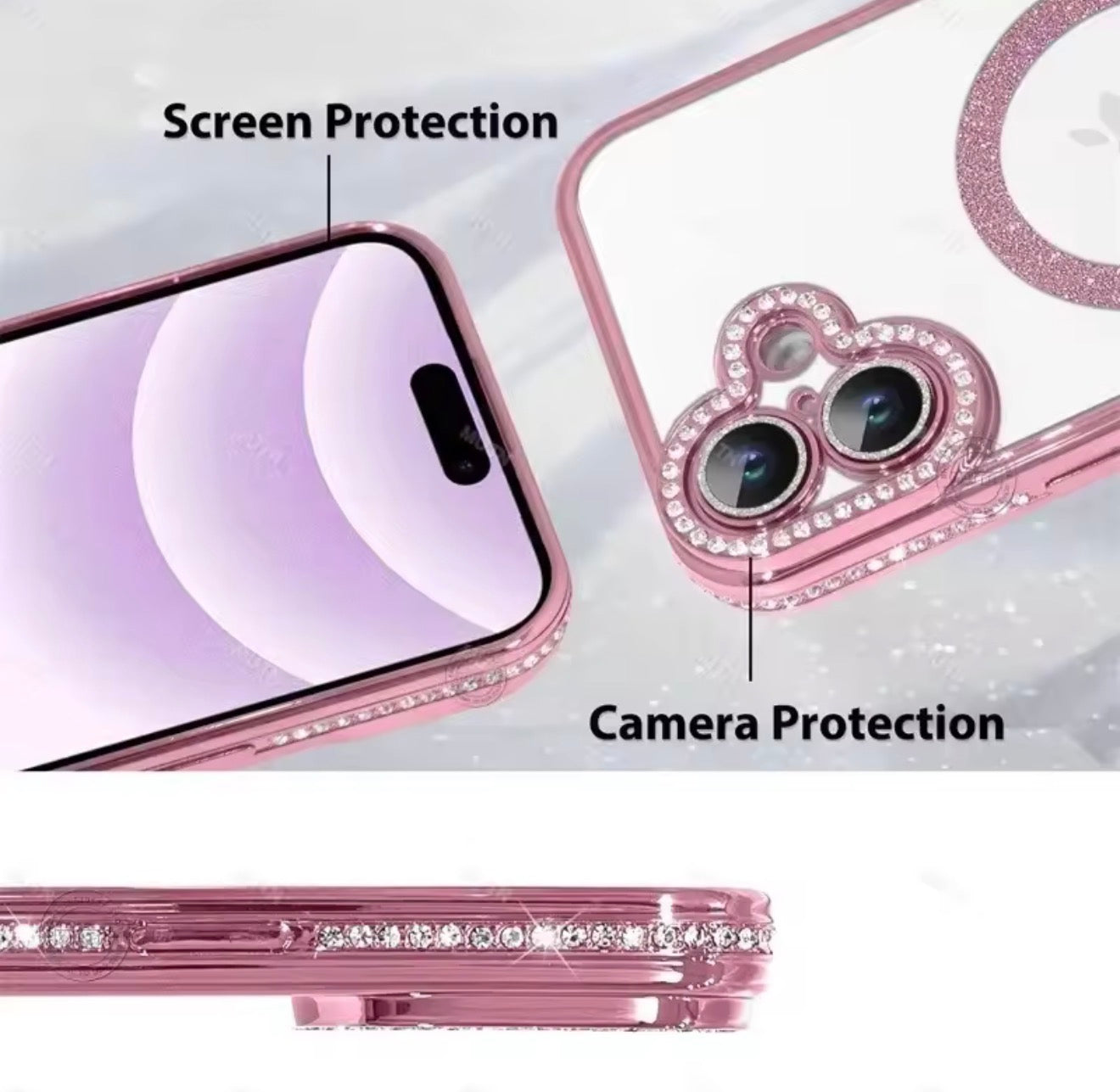 Husa iPhone 15 Pro,MagSafe,Sclipici,strasuri si Pietre,Roz+alte culori