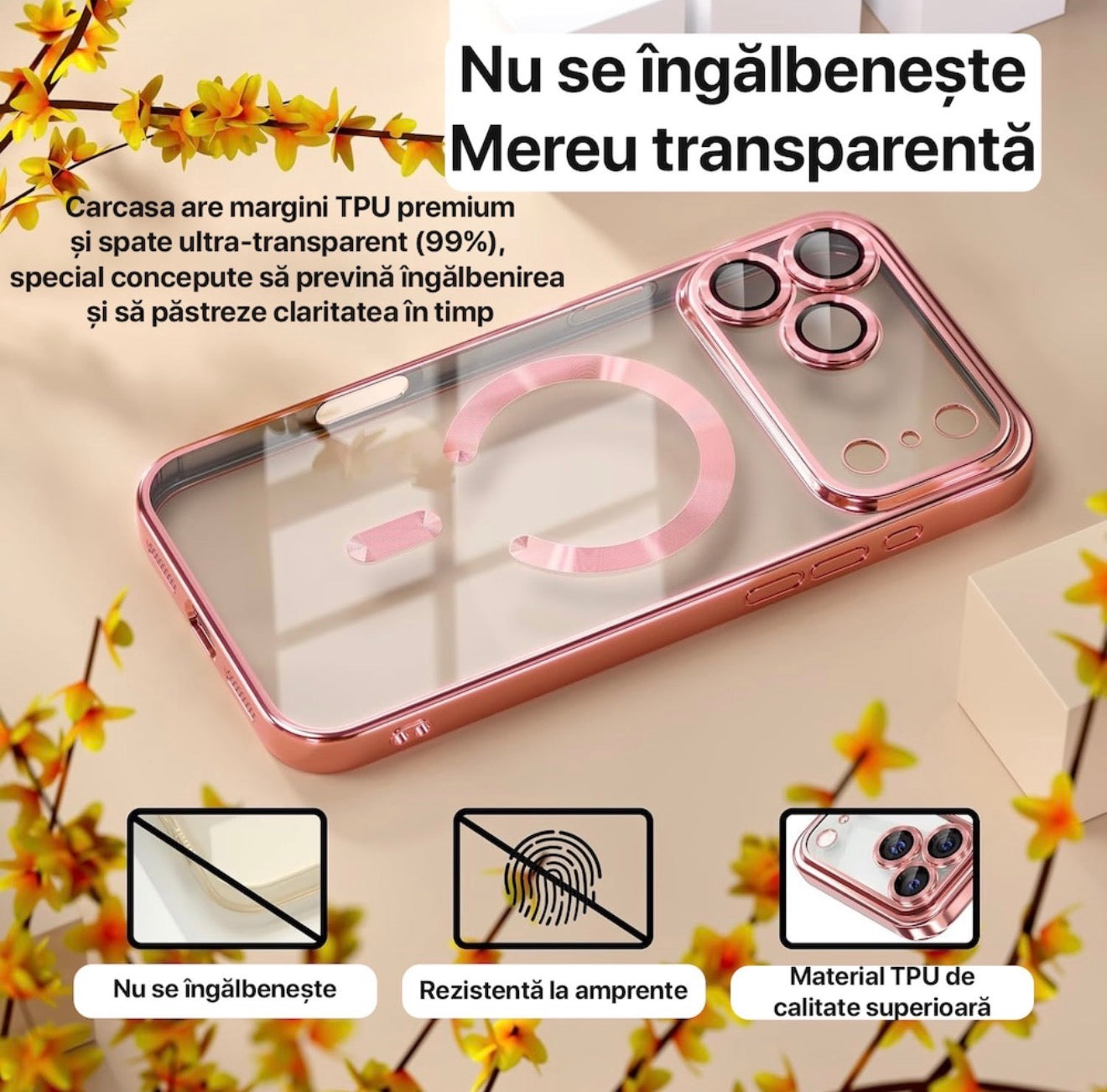 Husa iPhone 17 Pro ,MagSafe,Protectie Camera ,Transparenta cu Margini metalizate Roz + alte culorile
