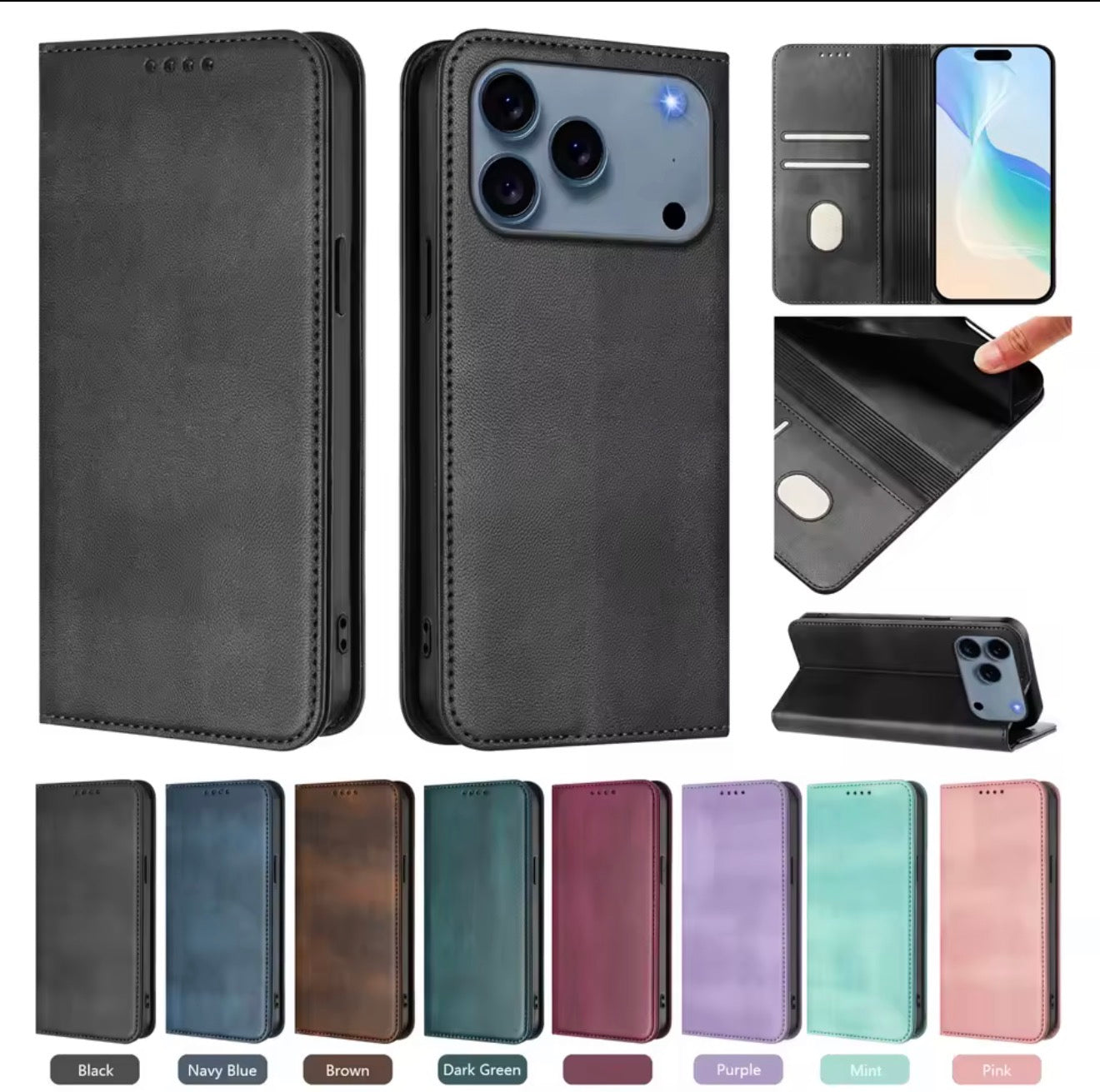 Husa iPhone 17 Pro , piele textura catifelata, tip portofel, stand, inchidere magnetica.Diverse Culori