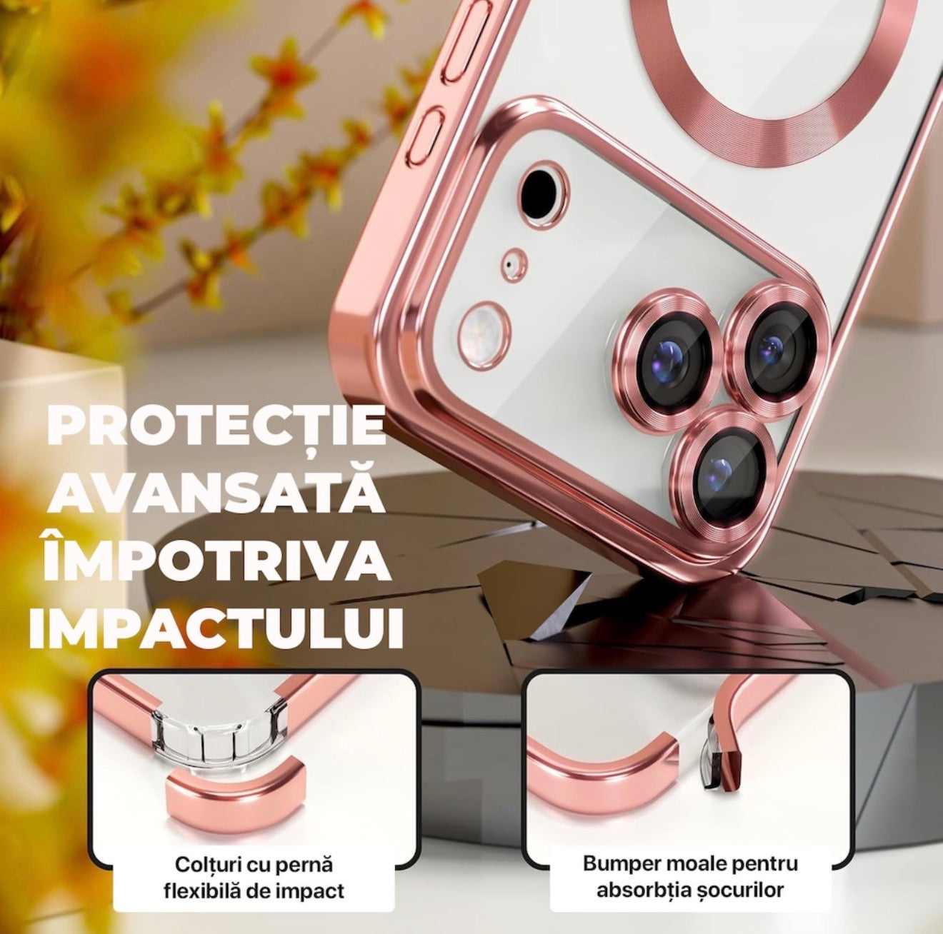 Husa iPhone 17 Pro ,MagSafe,Protectie Camera ,Transparenta cu Margini metalizate Roz + alte culorile
