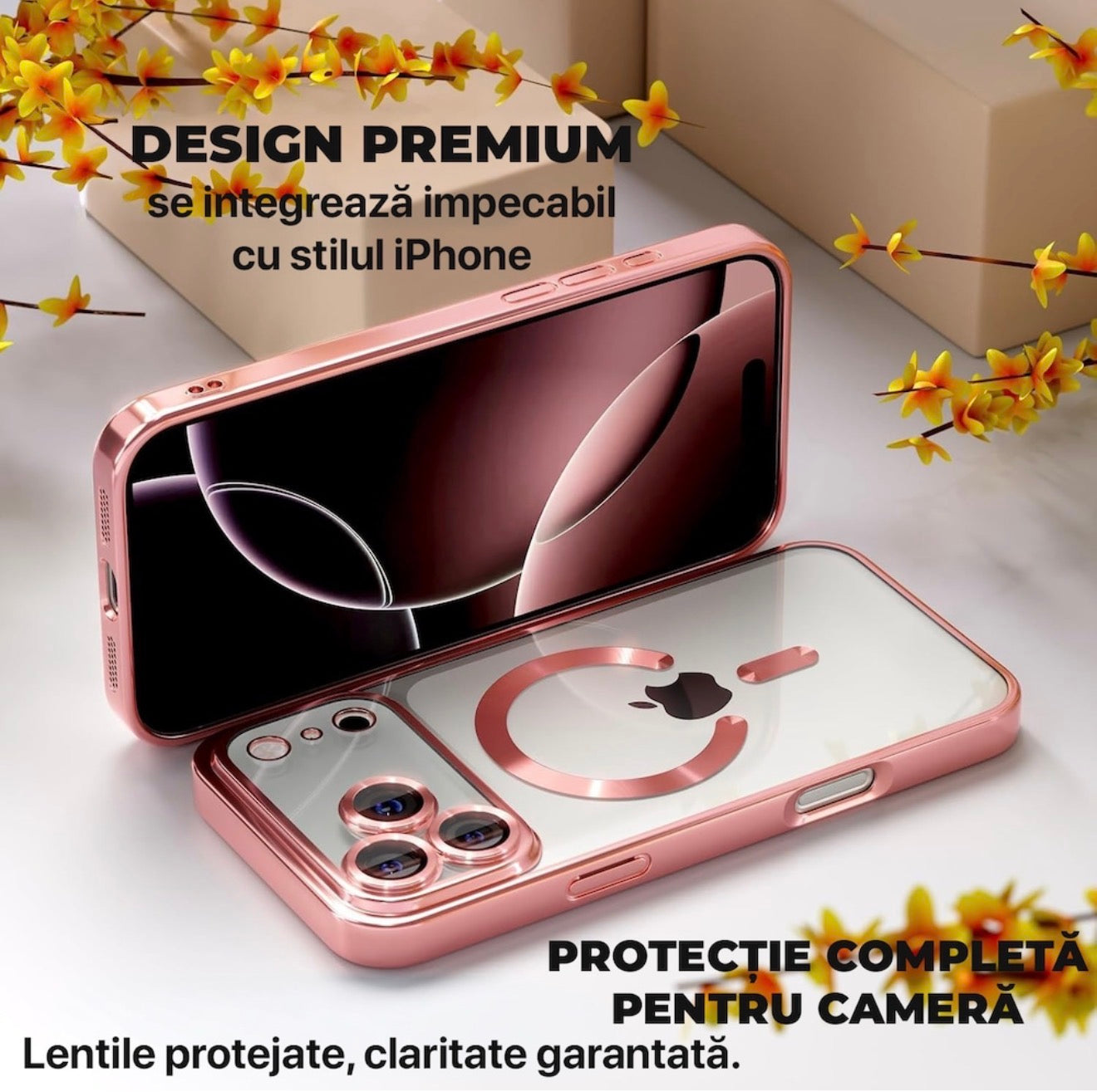 Husa iPhone 17 Pro ,MagSafe,Protectie Camera ,Transparenta cu Margini metalizate Roz + alte culorile