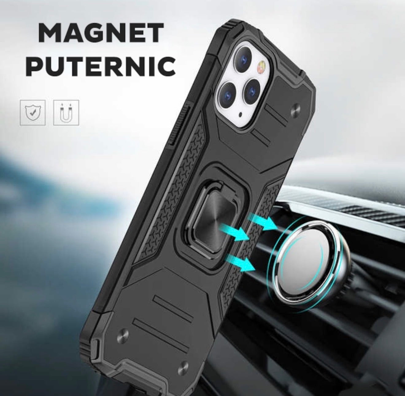 Husa iPhone 14 Pro ,cu inel rotativ 360,Hybrid Armor Antisoc,Negru