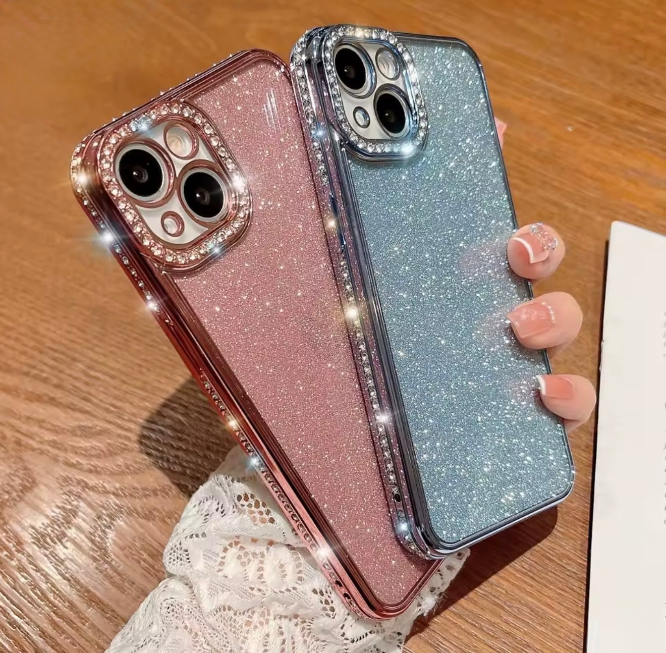 Husa iPhone 14 ,Sclipici,strasuri si pietre pe margini, Argintiu +alte culori