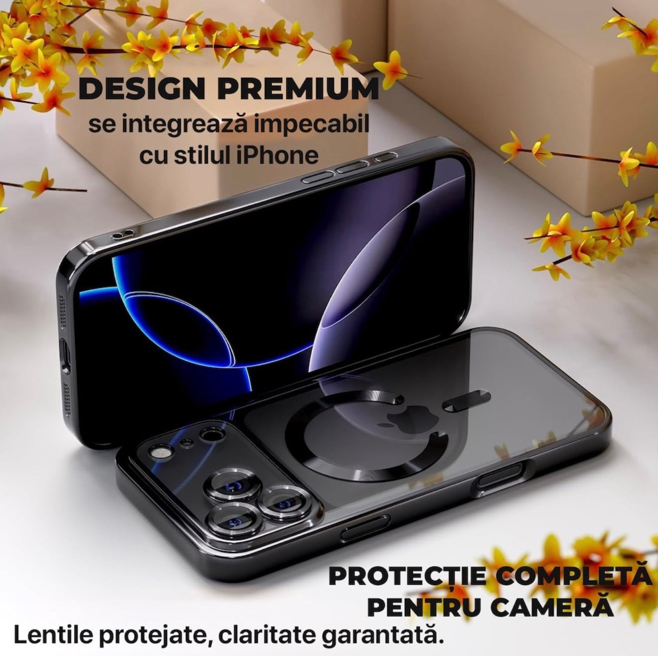 Husa iPhone 17 Pro MagSafe, Protectie Camera, Transparenta cu Margini metalizate Portocaliu + alte culori