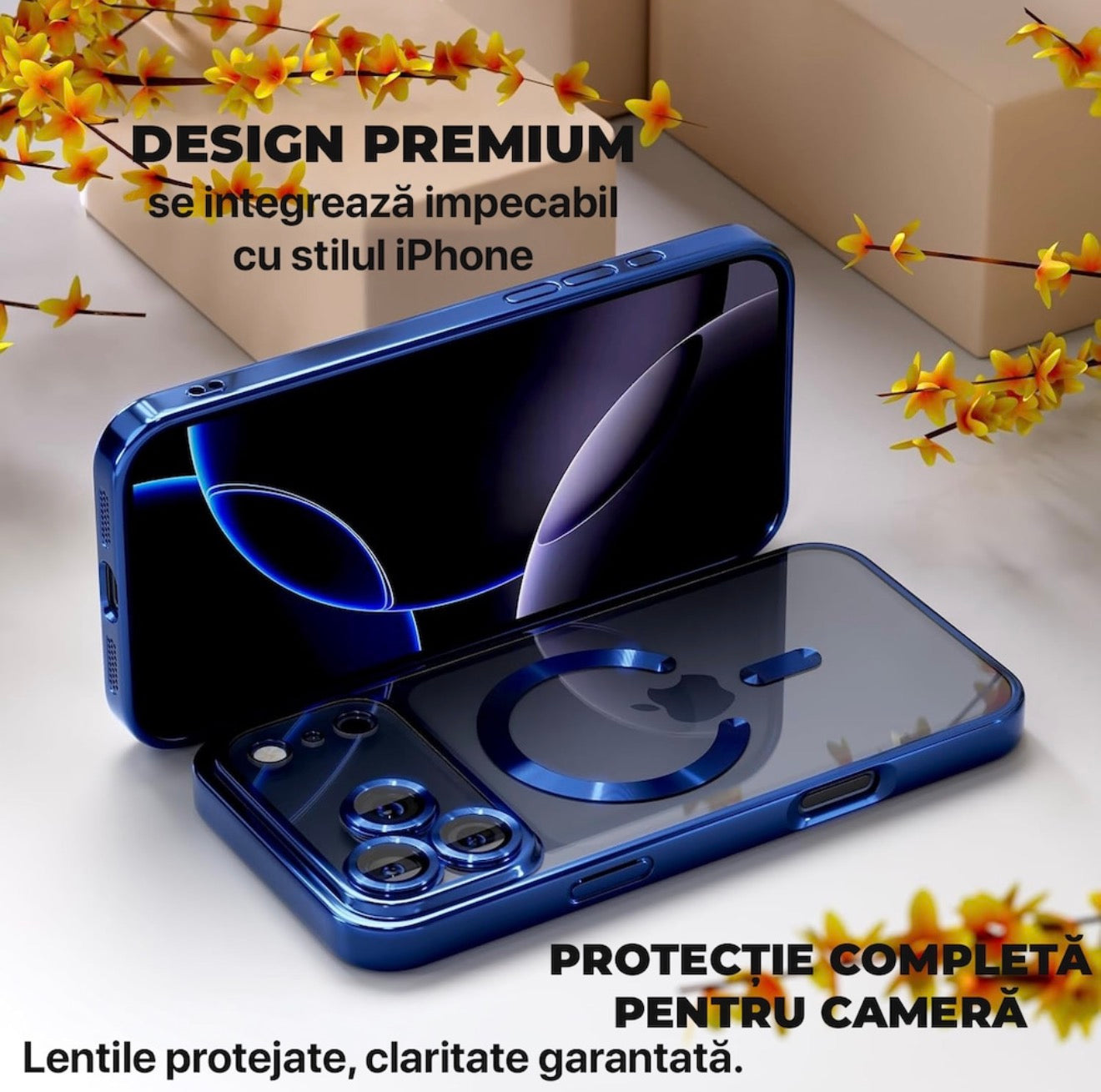 Husa iPhone 17 Pro Max , MagSafe Luxury, Antisoc, Protectie Camera, Margini Placate Metalizate, Transparenta cu Margini Albastre | + Mai multe culori