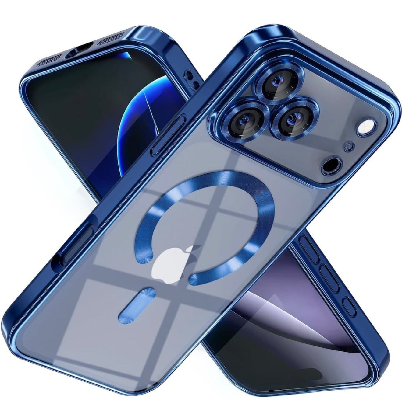 Husa iPhone 17 Pro Max , MagSafe Luxury, Antisoc, Protectie Camera, Margini Placate Metalizate, Transparenta cu Margini Albastre | + Mai multe culori