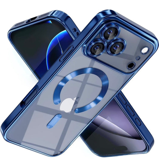 Husa iPhone 17 Pro Max , MagSafe Luxury, Antisoc, Protectie Camera, Margini Placate Metalizate, Transparenta cu Margini Albastre | + Mai multe culori