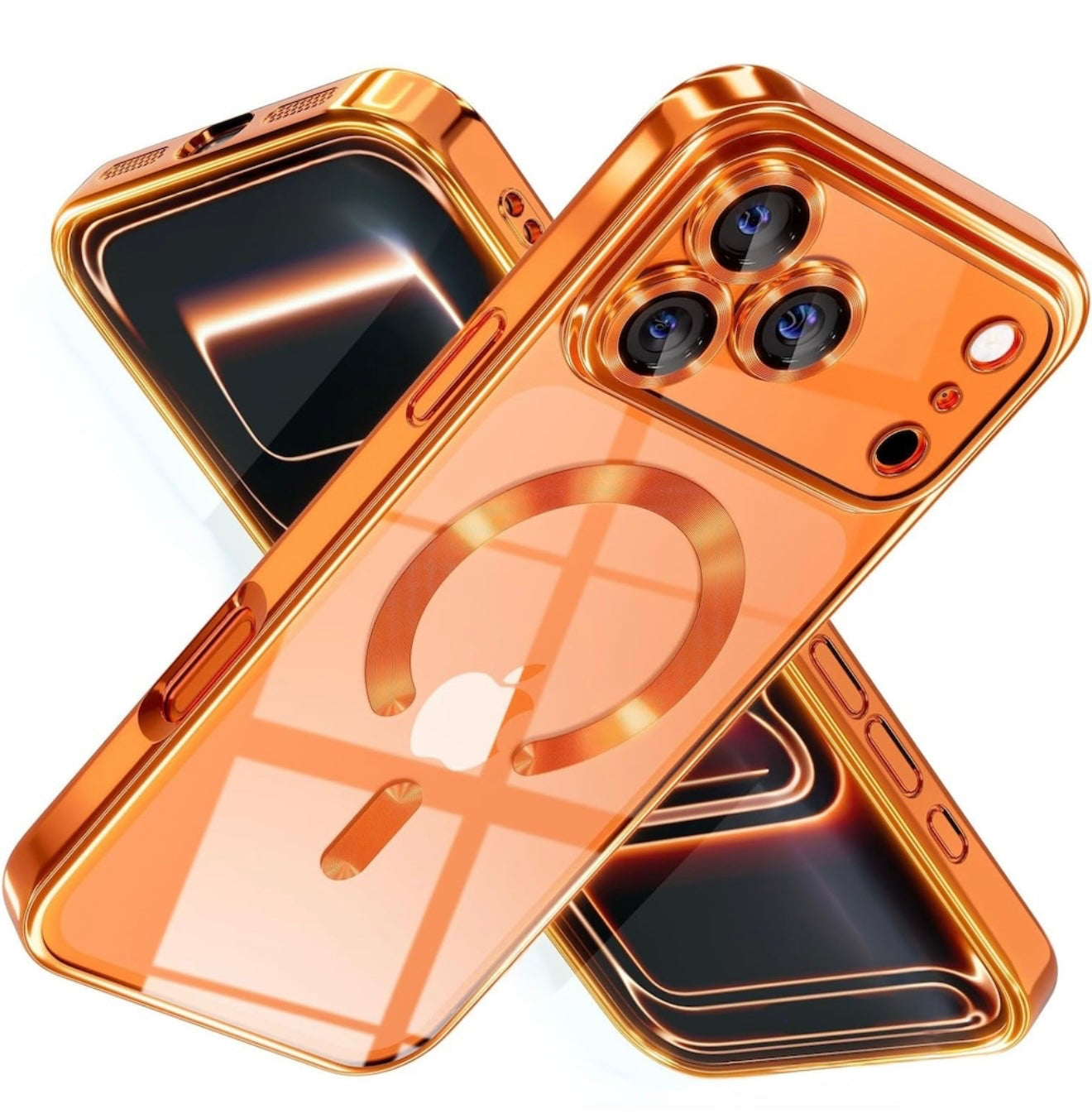 Husa iPhone 17 Pro MagSafe, Protectie Camera, Transparenta cu Margini metalizate Portocaliu + alte culori