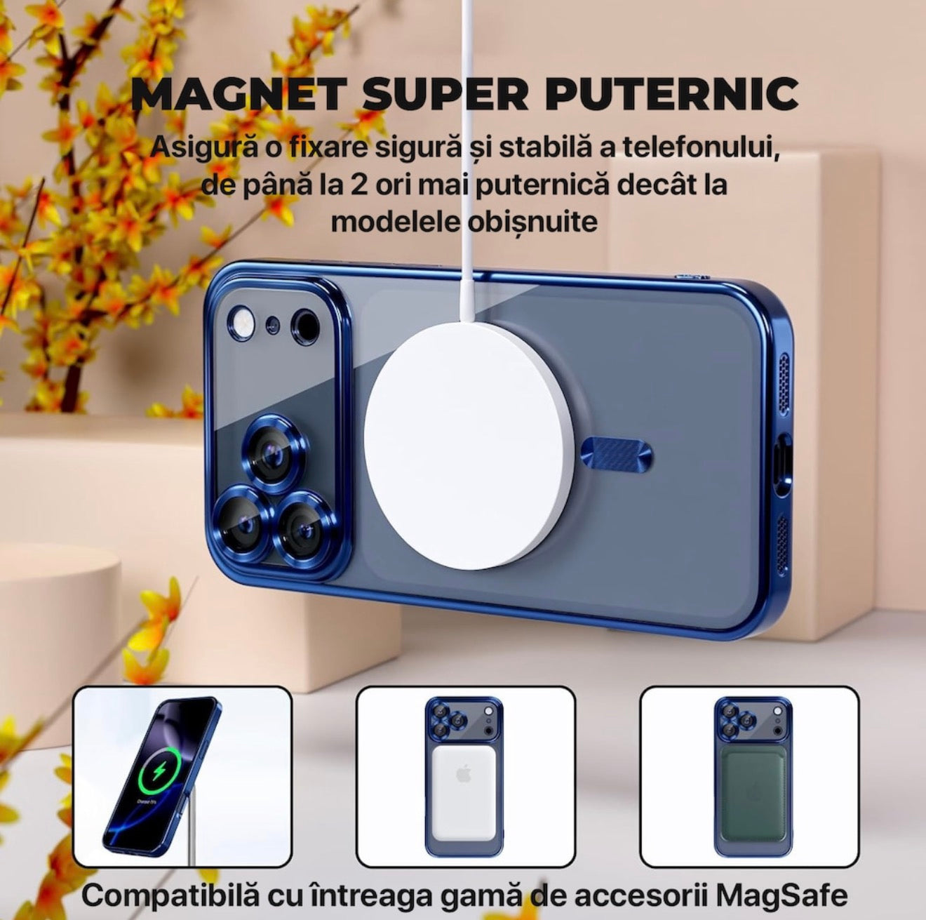 Husa iPhone 17 Pro Max , MagSafe Luxury, Antisoc, Protectie Camera, Margini Placate Metalizate, Transparenta cu Margini Albastre | + Mai multe culori