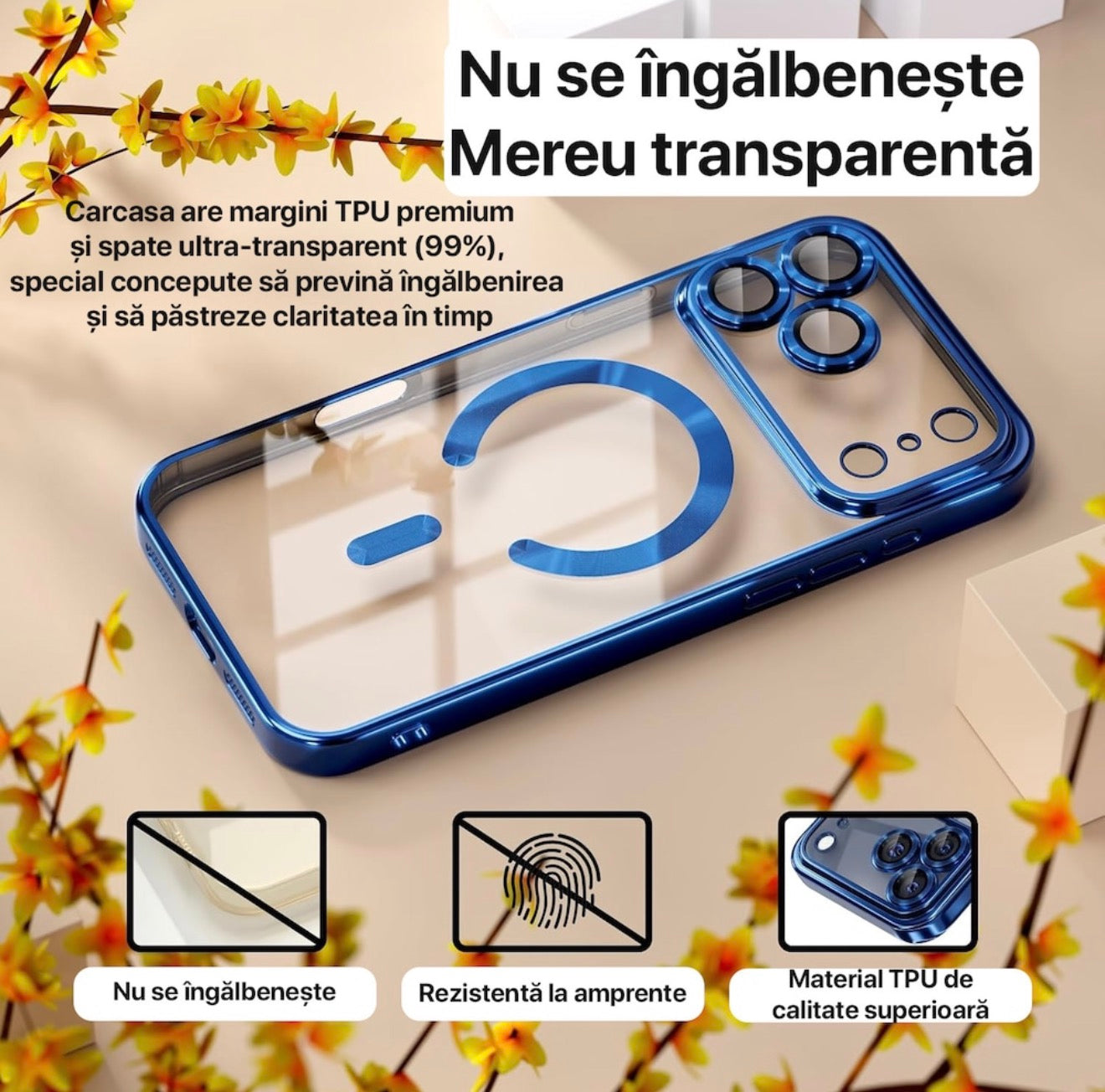 Husa iPhone 17 Pro Max , MagSafe Luxury, Antisoc, Protectie Camera, Margini Placate Metalizate, Transparenta cu Margini Albastre | + Mai multe culori