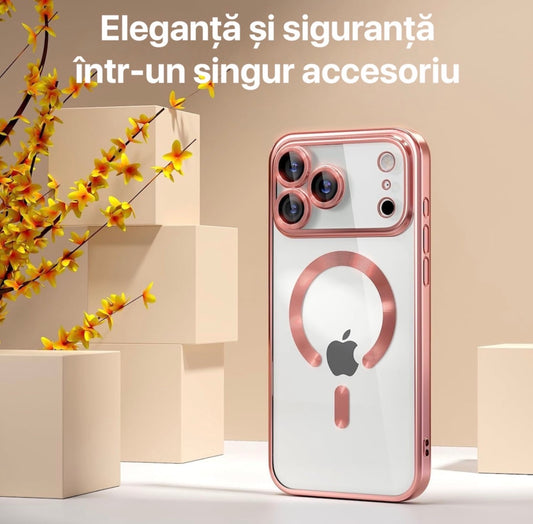 Husa iPhone 17 Pro ,MagSafe,Protectie Camera ,Transparenta cu Margini metalizate Roz + alte culorile