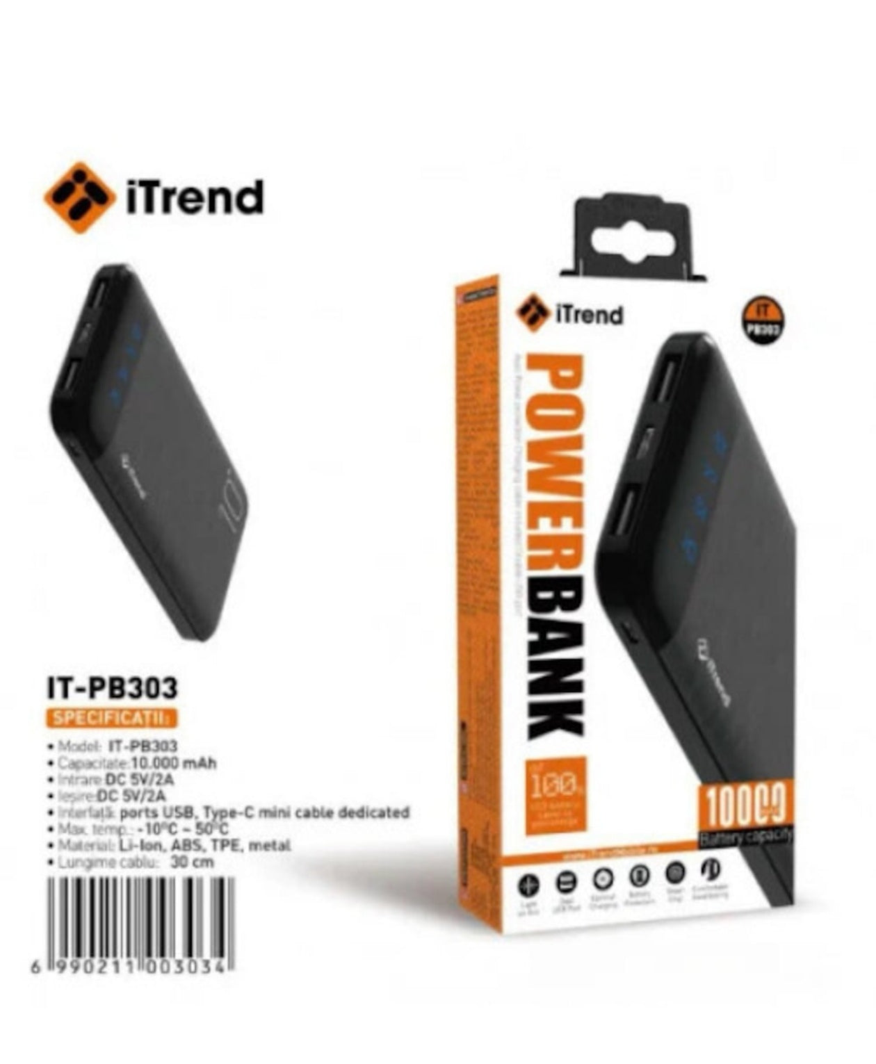Baterie Externă iTrend PB303, 10000mAh, 2 x USB, Incarcare Rapidă, Negru