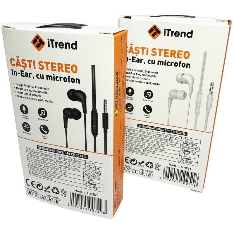 Casti cu fir, iTrend H251 In-Ear, rezistente la apa IPX4, mufa Jack 3.5mm