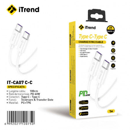Cablu date iTrend CA07-C , USB-C - USB-C,PD 60W, 1m, alb